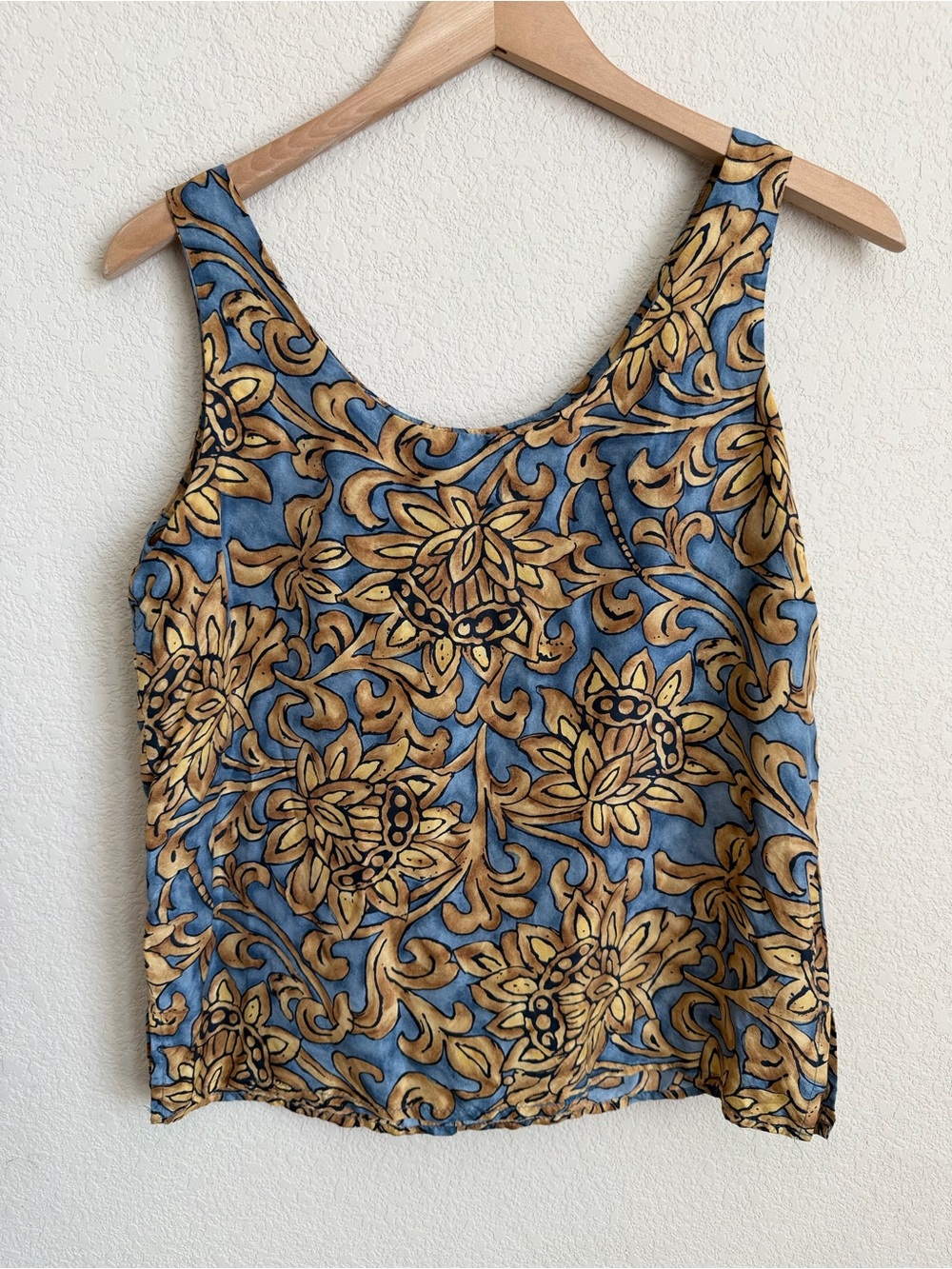 Express Vintage Compagnie Internationale Pure Silk Floral Tank Top S Blue Tan